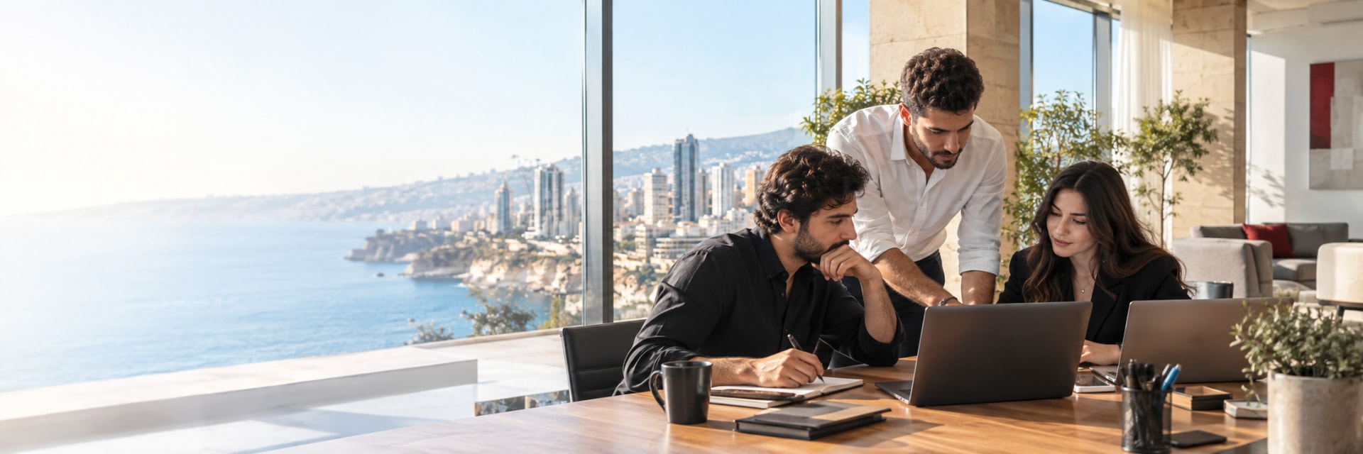 A collaborative workspace overlooking the Mediterranean