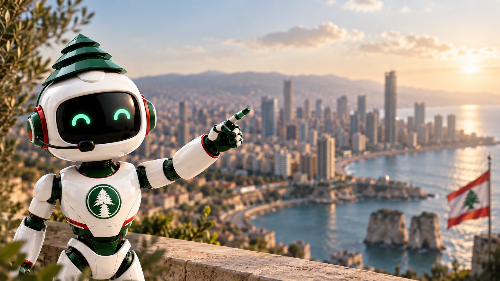 ARZE, the cedar-inspired AI assistant, overlooking Beirut and the Mediterranean
