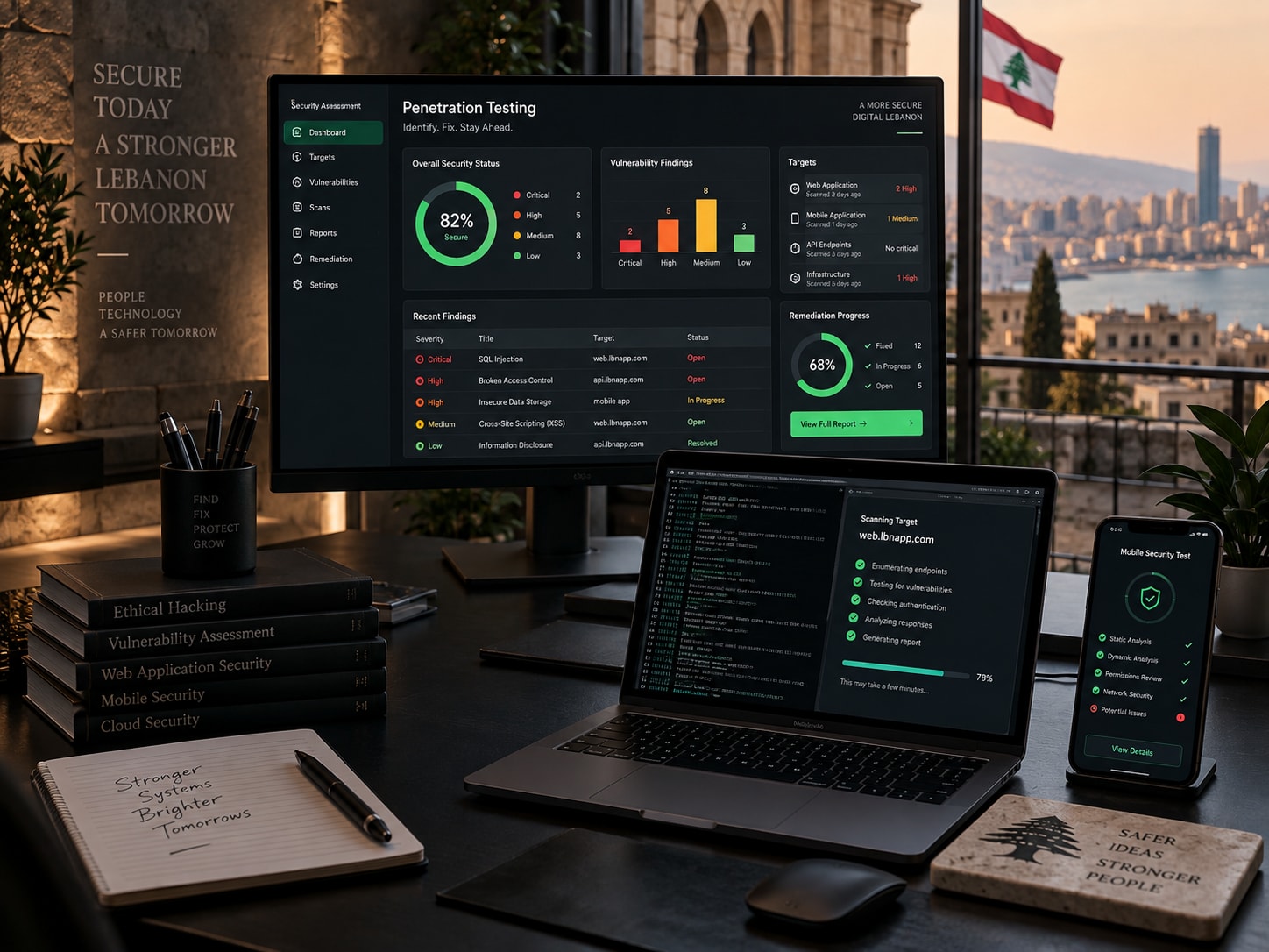Illustrative penetration testing workspace showing website and mobile security assessments