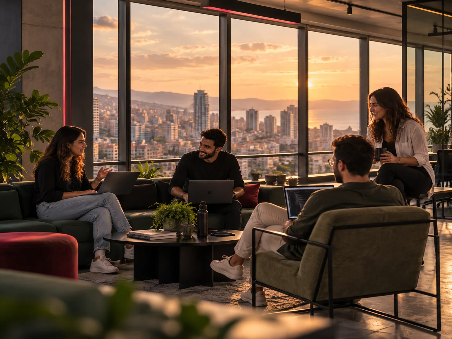 Colleagues sharing ideas in a relaxed workspace