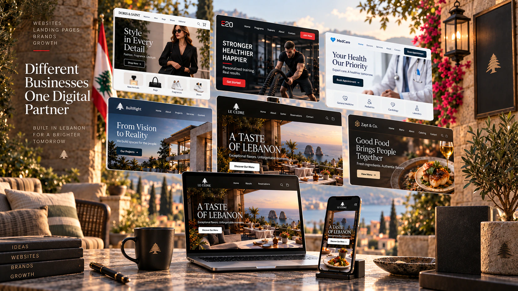 Illustrative website concepts for retail, fitness, property, healthcare and hospitality businesses, presented in a Lebanese setting